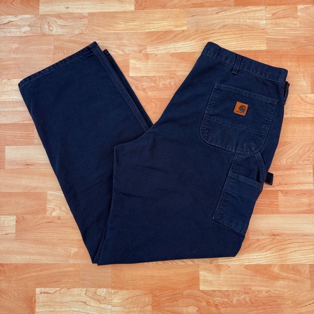 Carhartt Navy Blue Dungaree Fit Canvas Work Pants Hammer Loop Made in USA 40x34